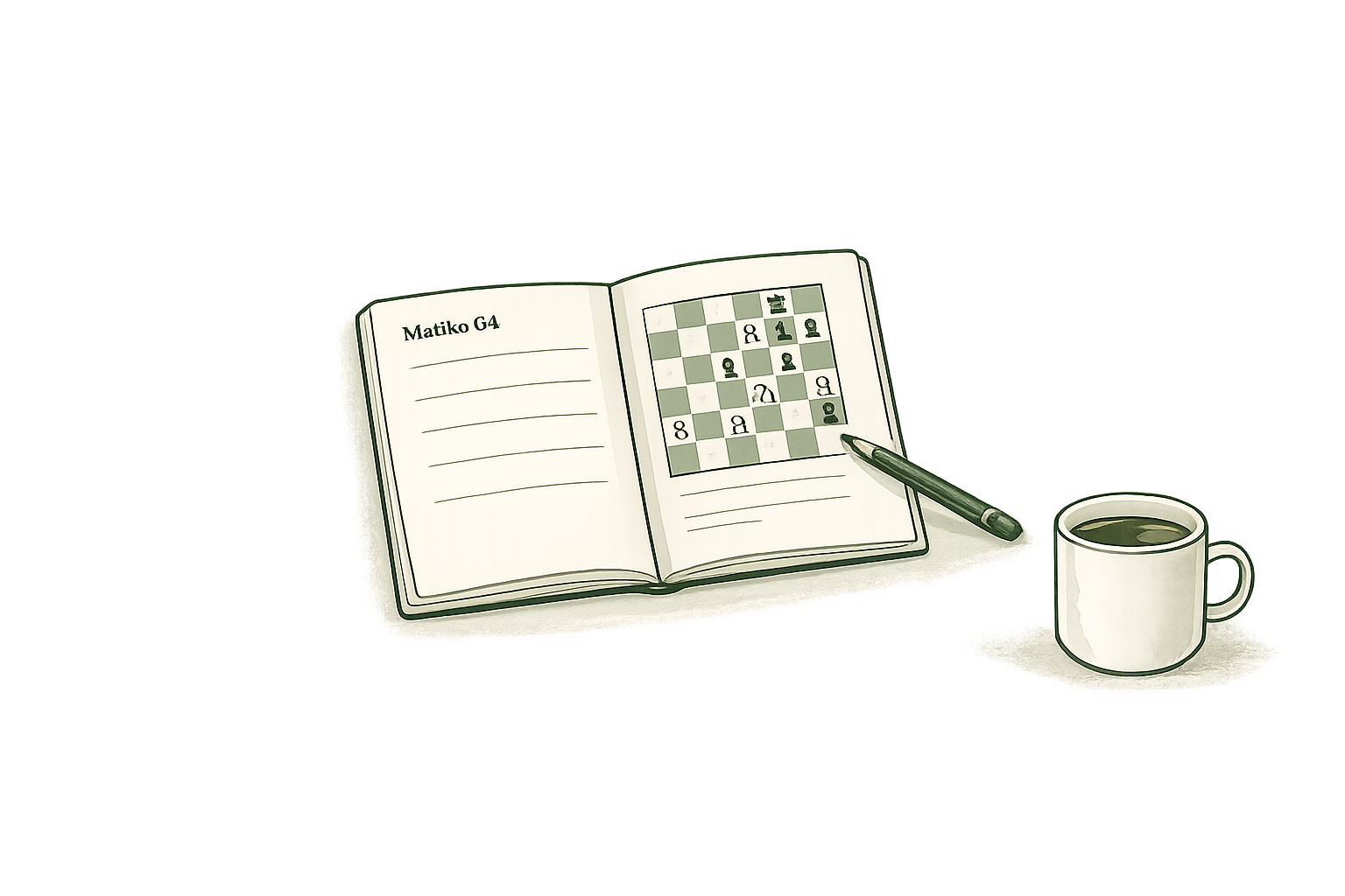 Illustration du cahier Matiko 64 avec carnet ouvert et tasse